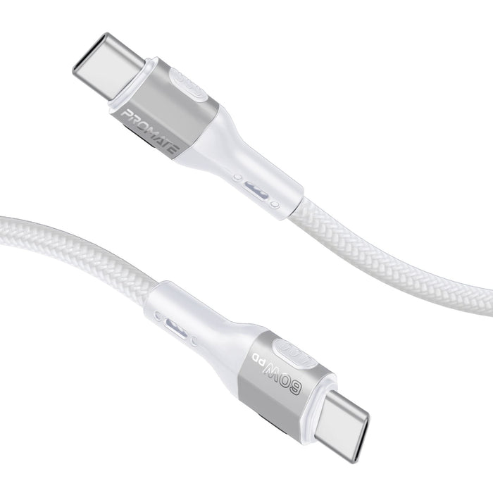 PROMATE 1.2m 60W PD USB-C to USB-C Tough-Built Cable. Supports up to 480Mbps, Super Slim Connectors, Tangle Free Soft Silicone. Grey