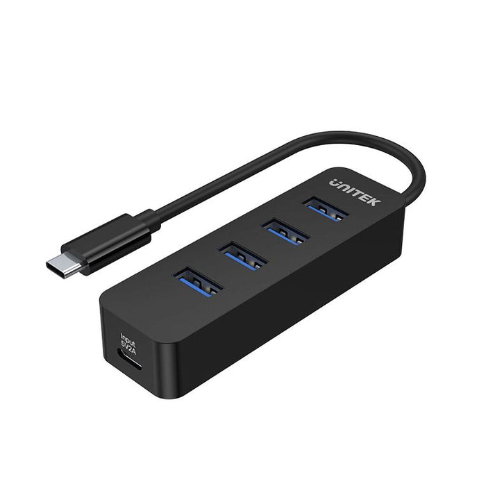 UNITEK USB 3.0 4-Port Hub with USB-C Connector Cable. Includes 4x USB-A Ports, 1x USB-C Power Port 5V 2A. Data Transfer Rate up to 5Gbps. Plug & Play. Black Colour.