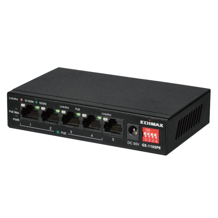 EDIMAX 5 Port 10/100/1000 Gigabit Ethernet with 4x PoE+ Ports and DIP Switch. PoE delivery up to 200m. Power Budget: 60W. Auto Energy Saving Functions. Plug and Play. VLAN and Loop Protection.