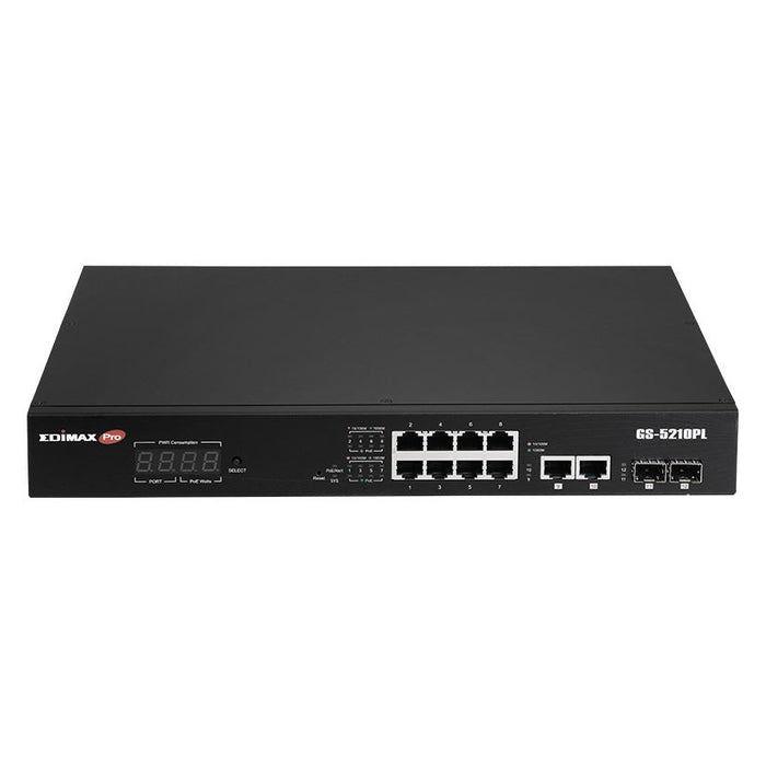 EDIMAX 12 Port Surveillance Long Range Gigabit PoE+ Web Smart Switch with 2 Gigabit RJ45 & 2 SFP Ports. Max Power Budget 110W. Supports PoE up to 200m. IEEE 802.3af/at PoE Compliant. IP Surveillance VLAN