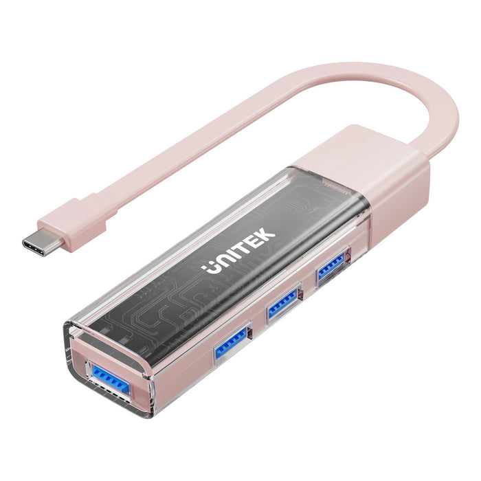 UNITEK 4-in-1 USB 3.0 Multi-Port Hub with USB-C Connector. Includes 4x USB-A Ports, Transparent Scratch Resistant, Plug & Play, Supports 5Gbps, Supports Windows/ Mac/ Android. Pink