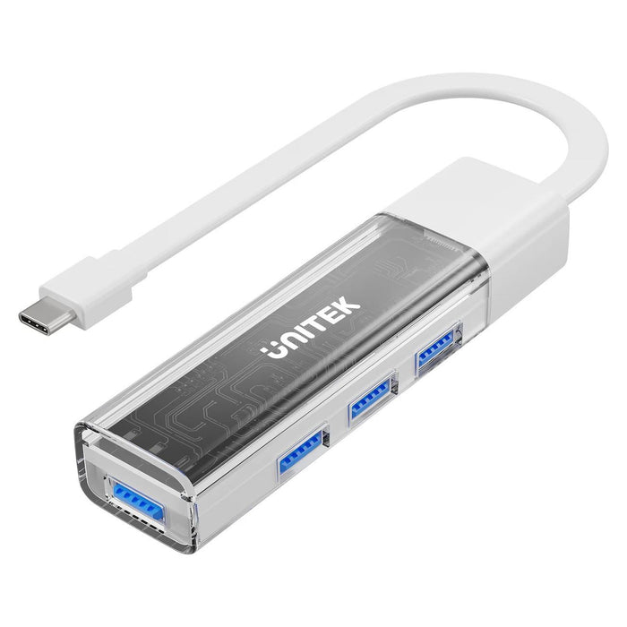 UNITEK 4-in-1 USB 3.0 Multi-Port Hub with USB-C Connector. Includes 4x USB-A Ports, Transparent Scratch Resistant, Plug & Play, Supports 5Gbps, Supports Windows/ Mac/ Android. White