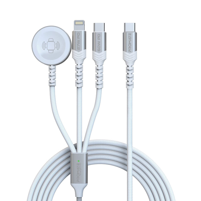 PROMATE 1.5M 5in1 Multi-Connector Charging Cable with Both USB-C & Lightning Connectors Plus Apple Watch Charging Pad. Data & Charge, Supports 60W PD USB-C & 27W PD Lightning, 2.5W Apple Watch. White