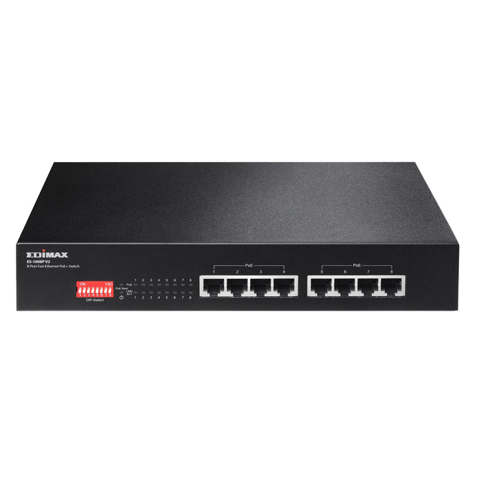 EDIMAX 8 Port 10/100 Fast Ethernet PoE+ Switch with DIP Switch. PoE delivery up to 200m. Power budget: 130W. Auto Energy Saving Functions. Plug and Play. VLAN &