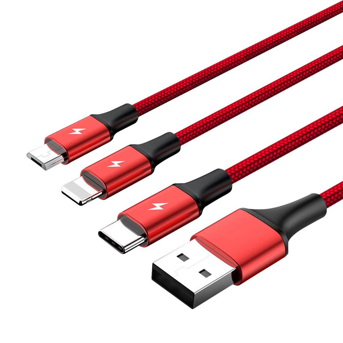 UNITEK 1.2m USB 3-in-1 Charge Cable. Integrated USB-A to Micro-B, Lightning Connector & USB-C Connector. Red Colour.