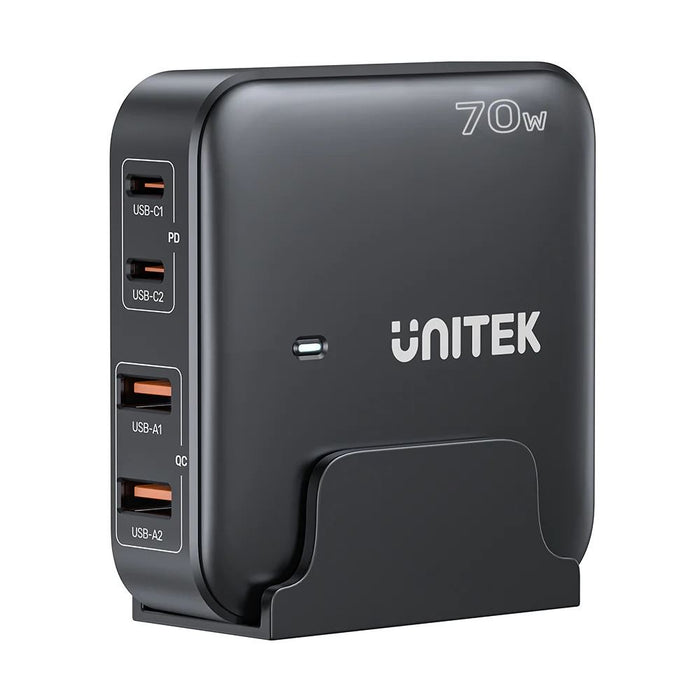 UNITEK 70W Desktop GaN Charging Station with 2x USB-C PD Ports & 2x USB-A QC3.0 Ports. Built-in Smart Protection. Includes Slim Cradle. Charge 4 Devices Simultaneously. 1.5m Power Cord. Black Colour