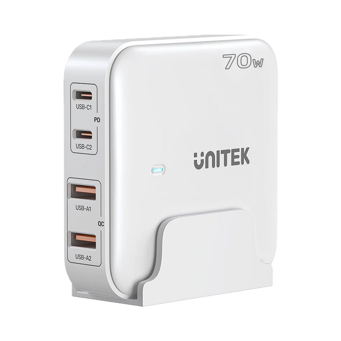 UNITEK 70W Desktop GaN Charging Station with 2x USB-C PD Ports & 2x USB-A QC3.0 Ports. Built-in Smart Protection. Includes Slim Cradle. Charge 4 Devices Simultaneously. 1.5m Power Cord. White Colour