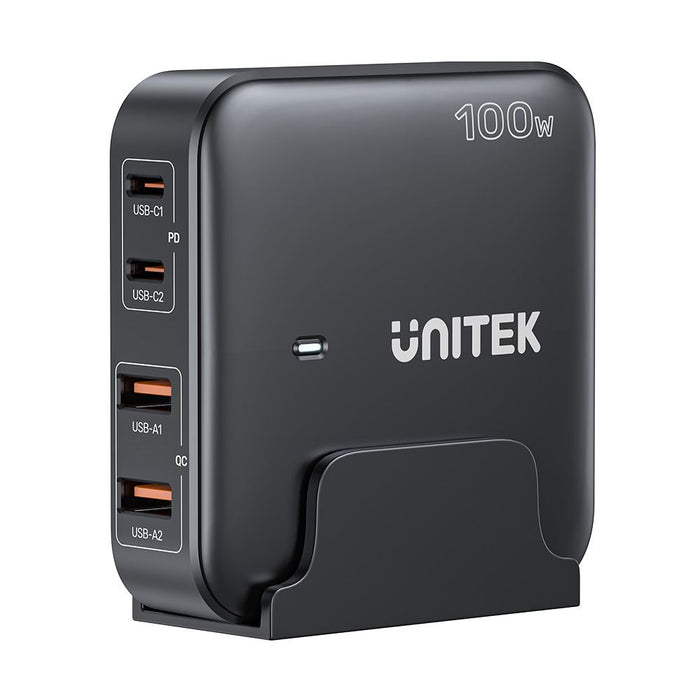 UNITEK 100W Desktop GaN Charging Station with 2x USB-C PD Ports & 2x USB-A QC3.0 Ports. Built-in Smart Protection. Includes Slim Cradle. Charge 4 Devices Simultaneously. 1.5m Power Cord. Black Colour