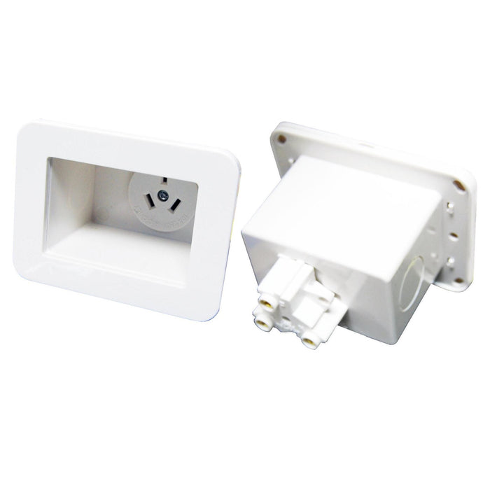 DYNAMIX Recessed Single Power Outlet. Cut out 76mm x 52mm min Depth for 10mm plaster 60mm, masonry 70mm. Can be mounted using a standard C clip or stud bracket