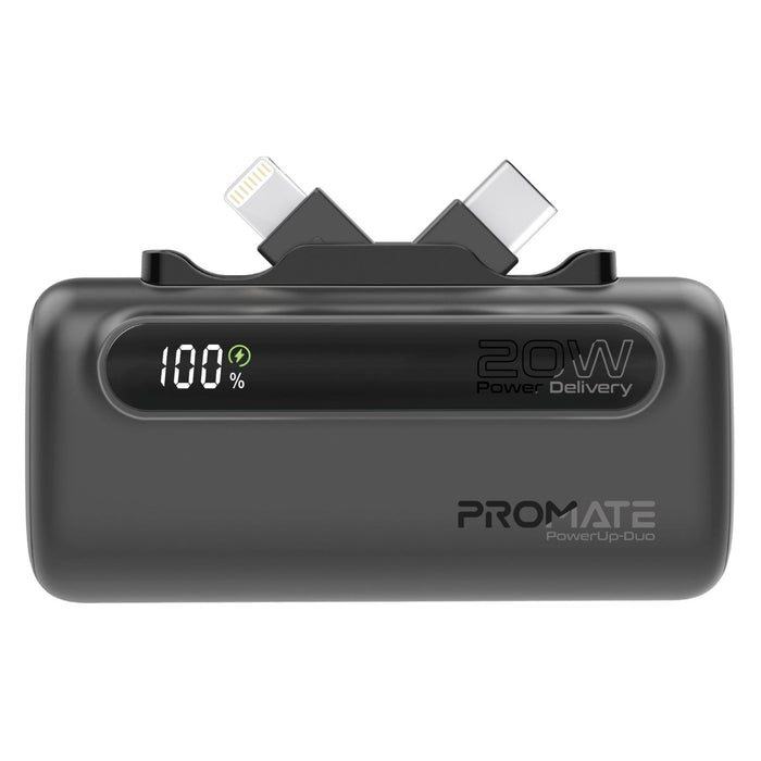 PROMATE 5000mAh Ultra-Compact Fast Charging Power Bank with In-Built Dual Folding USB-C & Lightning Connectors. Supports 20W PD, USB-C In/Out, Smart LED Battery Indicator. Black