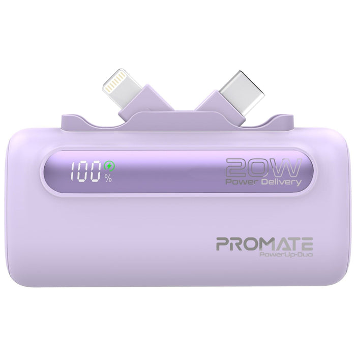 PROMATE 5000mAh Ultra-Compact Fast Charging Power Bank with In-Built Dual Folding USB-C & Lightning Connectors. Supports 20W PD, USB-C In/Out, Smart LED Battery Indicator. Pink