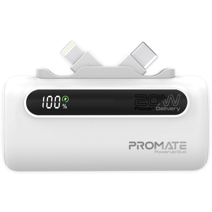 PROMATE 5000mAh Ultra-Compact Fast Charging Power Bank with In-Built Dual Folding USB-C & Lightning Connectors. Supports 20W PD, USB-C In/Out, Smart LED Battery Indicator. White