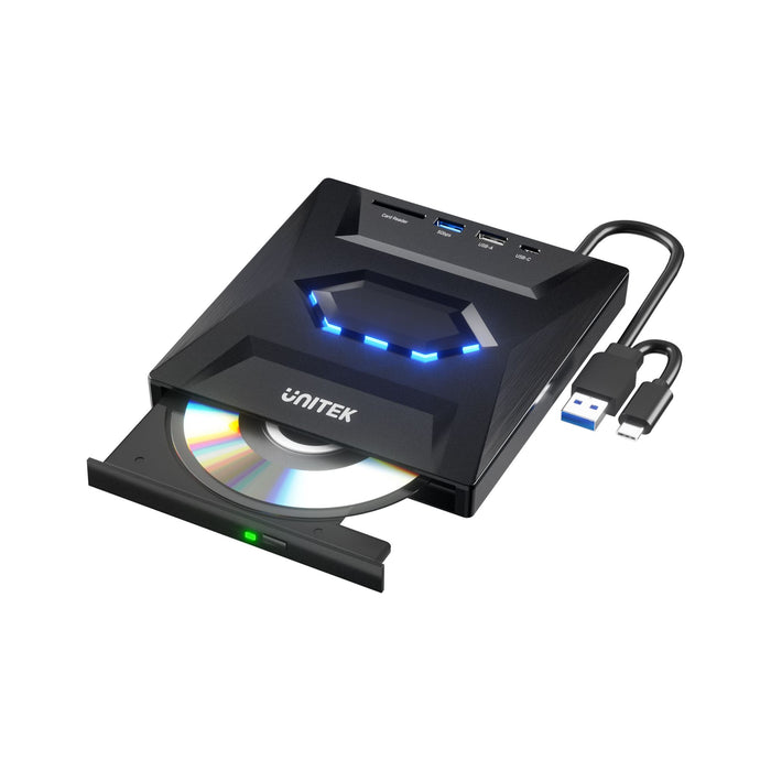 UNITEK 5-in-1 External Optical Drive with USB Hub. High-Speed Writing & Reading, CD/DVD Reader/Burner, 2 USB-A Ports & SD Card Reader, Plug & Play, 30cm Cable with USB-A/C Connectors.