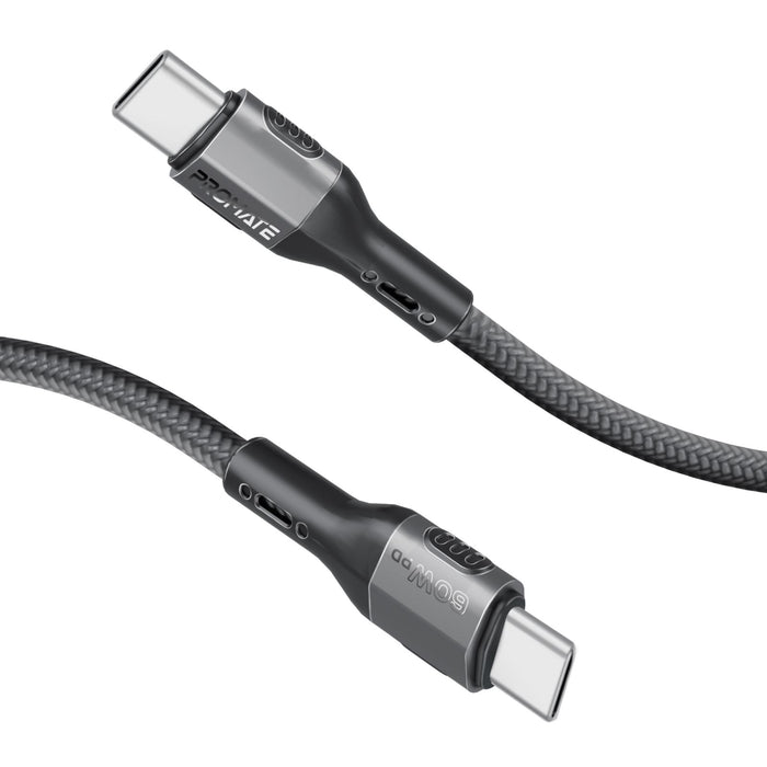 PROMATE 1.2m 60W PD USB-C to USB-C Tough-Built Cable. Supports up to 480Mbps, Super Slim Connectors, Tangle Free Soft Silicone. Black