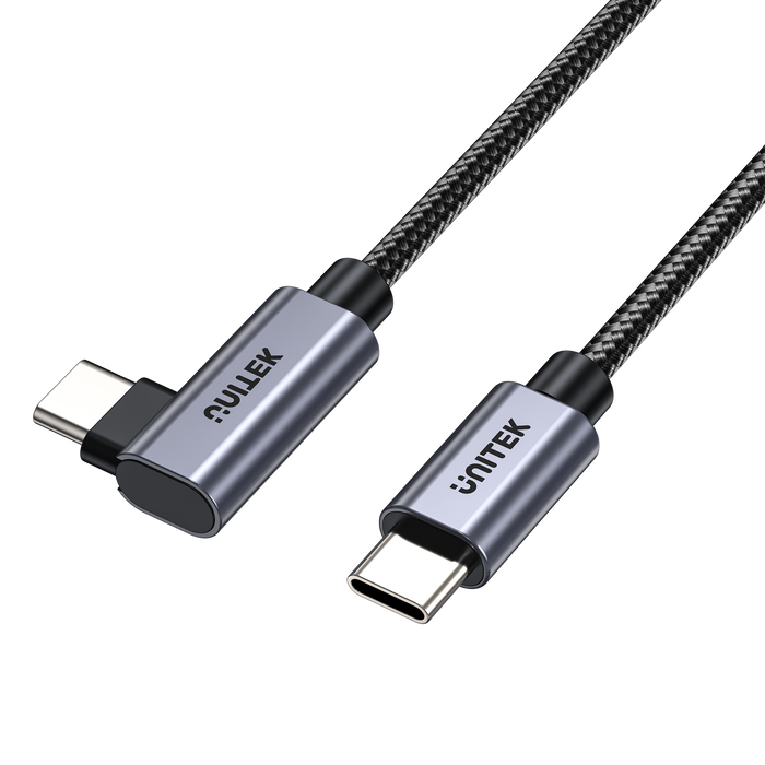 UNITEK 2m USB-C to Right Angled 90 Degree USB-C Connector. Supports 100W PD Fast Charging & USB PD3.0/ QC3.0. Supports 20/5A. Data Transfer Speed up to 480Mbps. Aluminium Alloy/Space Grey.