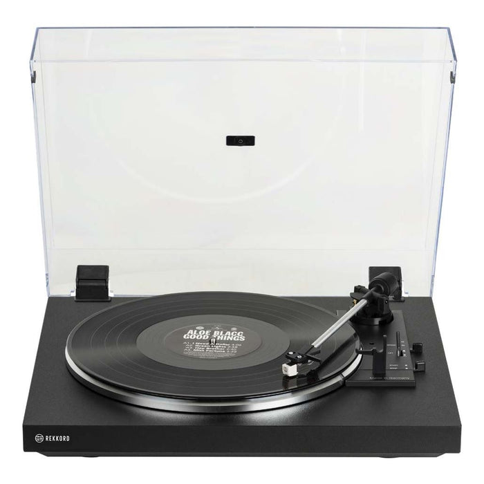 REKKORD Turntable Black AT3600L Cartridge with 33 and 45 RPM Automatic Entry Level Turntable Line Level RCA Output. Wood Chassis in Folding Technique.