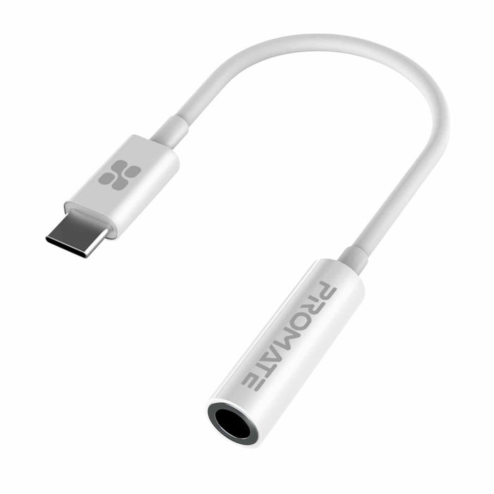 PROMATE Dynamic Stereo USB-C to 3.5mm AUX Headhone Jack Adapter. Digital to Analog Converter. Supports Music & Calls, 120mm Length. White Colour. NEW YEAR SALE! Up to 25% OFF