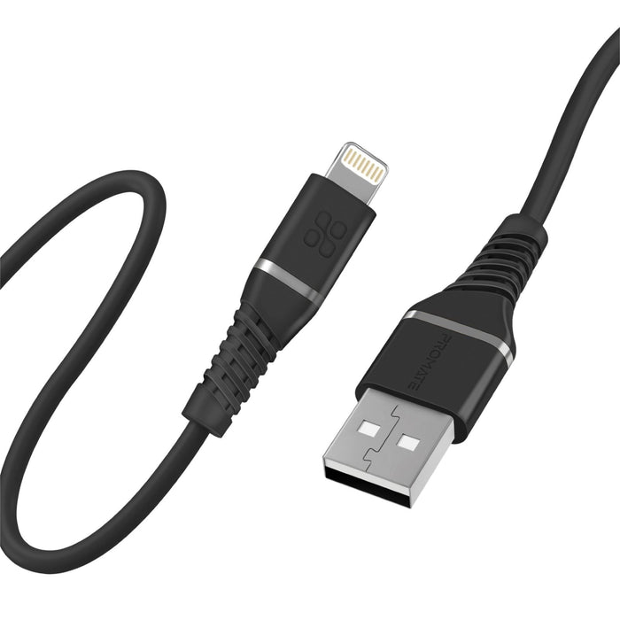 PROMATE 1.2m MFI Certified USB-A to Lightning Data & Charge Cable. Data Transfer Rate 480Mbps. Total Current 2.4A. Durable Soft Silicon Cable. Tangle Resistant 25000 Bend Lifespan. Black.