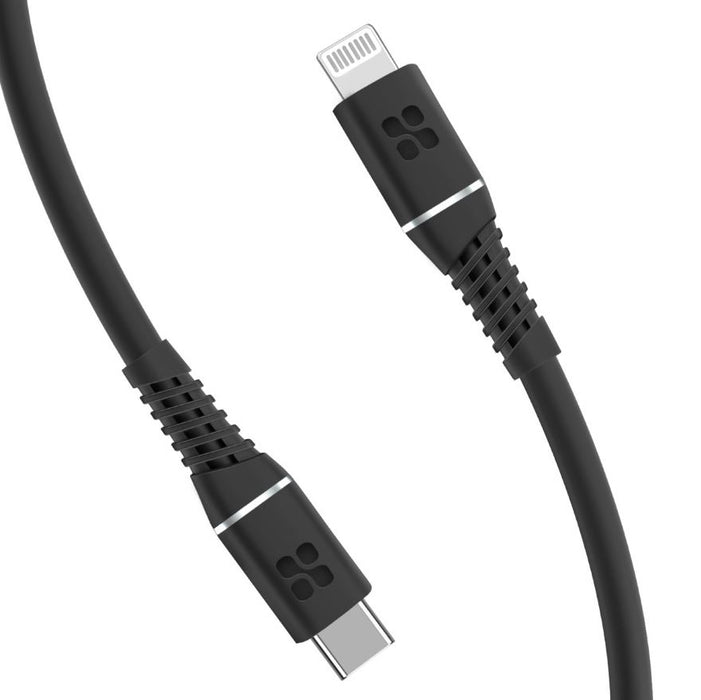 PROMATE 1.2m 20w MFi USB-C to Lightning Data & Charge Cable. Data Transfer Rate 480Mbps. Total Current 2.2A. Durable Soft Silicon Cable. Tangle Resistant 25000 Bend Lifespan. Black