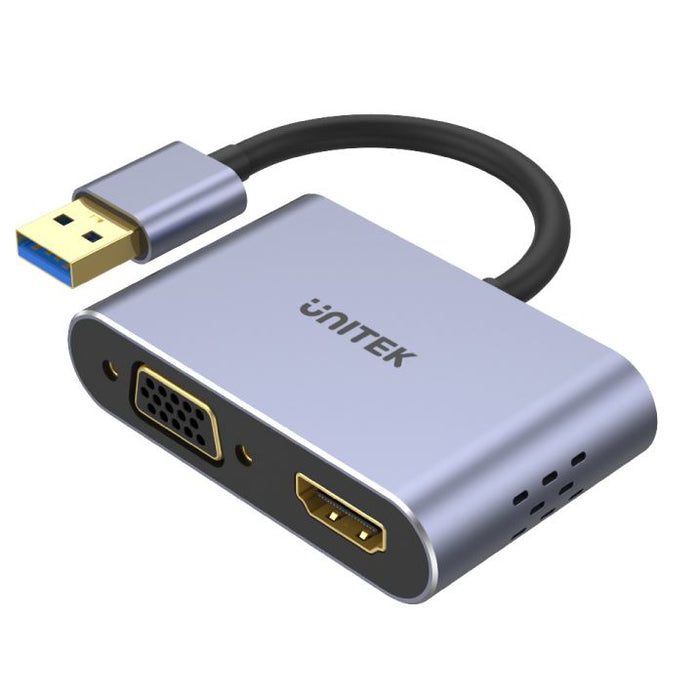 UNITEK USB-A to HDMI 2.0 & VGA Adapter with Dual Monitor Support. Screen Res up to 1920x1080P (FHD). Gold-Plated Connector & Ports. Aluminium-Alloy Housing. 15cm Cable. Space Grey Colour.