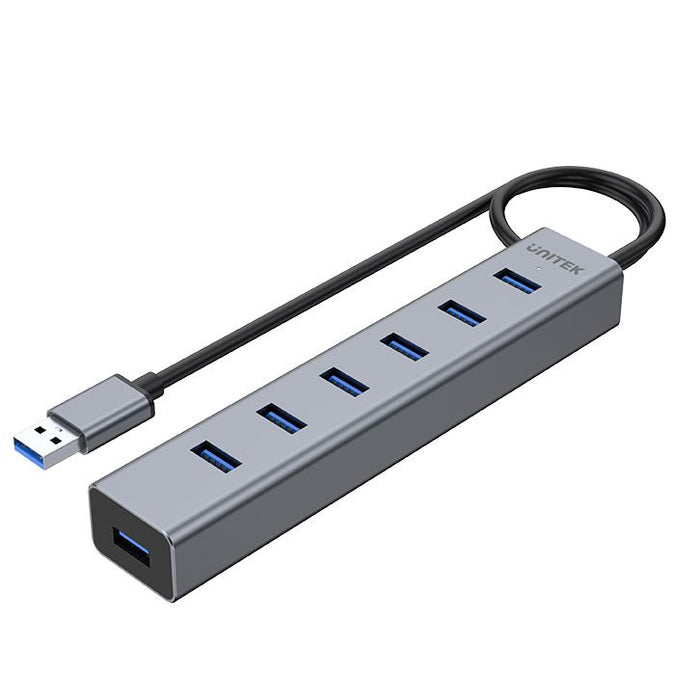 UNITEK USB-A 3.0 7-Port Hub. Apple Style Aluminium Design. SuperSpeed Data Transfer up to 5Gbps. Universal Charging for all Smartphones & Tablets. LED Indicator, Plug & Play. Grey Colour