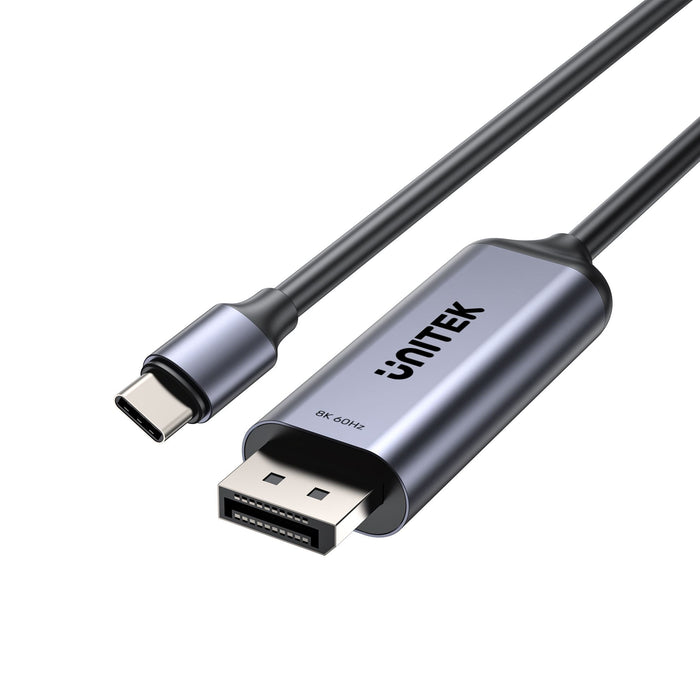 UNITEK 1.8m 8K USB-C DisplayPort 1.4 Cable in Aluminium Housing. Supports Res up to 8K@30Hz & HDR. Stream with HDCP2.3. Plug & Play. Compatible with USB 4, Thunderbolt 3 & 4. Black Cable & Grey Connector