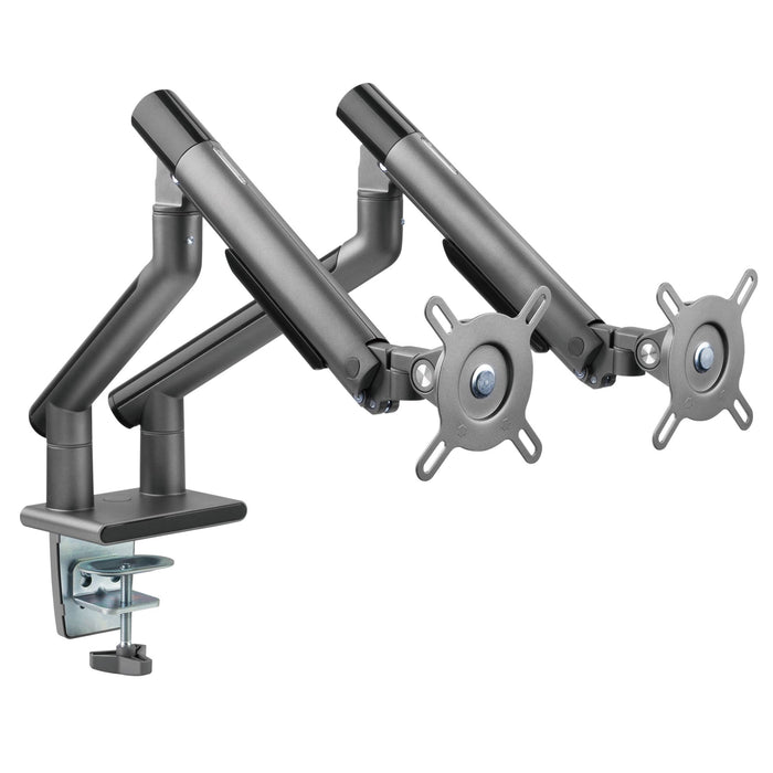 BRATECK 17-32" Dual Premium Slim Aluminium Spring-Assisted Desk Mount Monitor Arm. Quick Release Detachable VESA Plate, Built-in Spring Tension, 180 Rotation Stop, Built-in Cable Management, Grey