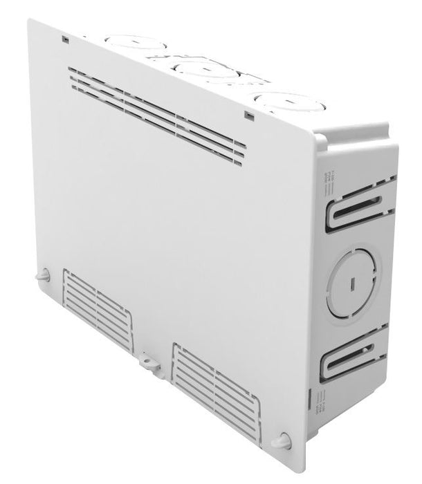 DYNAMIX 9" Recessed Plastic Enclosure with Flush Lid. Slim Vented Lid with Triple GPO and Cable Entry Knock Outs.