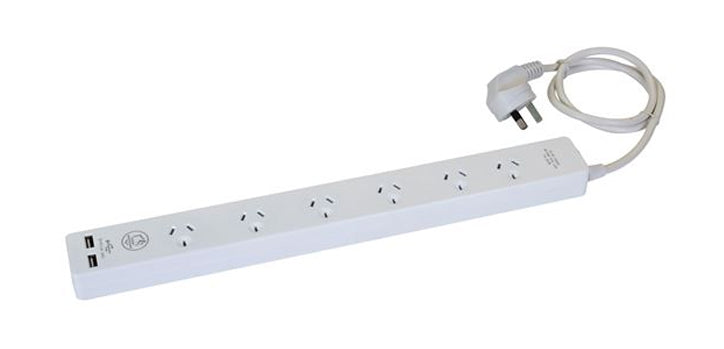 DYNAMIX 6-way 10A Home & Office Powerboard with two USB 3.4A Rapid Charging Ports. Safety Overload with Push Button Reset. Includes 1m Power Cable. For Indoor Use ONLY.