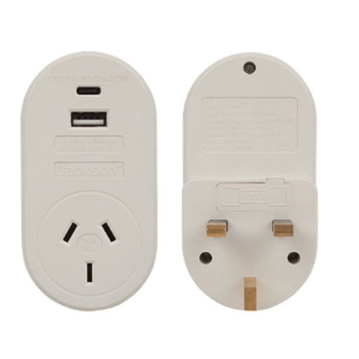 Jackson PTA8811USB3C UK Outbound Travel Adaptor with 1x USB-A and 1x USB-C (2.1A) ChargingPorts. Converts NZ/AUS Plugs for use in UK Hong Kong & More.