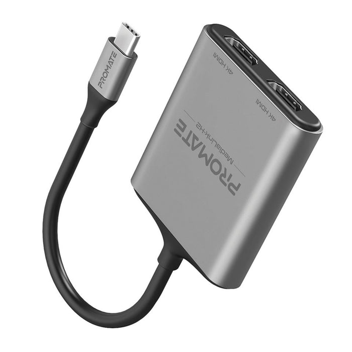 Promate MEDIALINK-H2 4K USB-C Connector to Dual HDMI Adapter. Compatible with All USB-C Output Devices Including Win iOS & Android. Easy Plug & Play. Grey