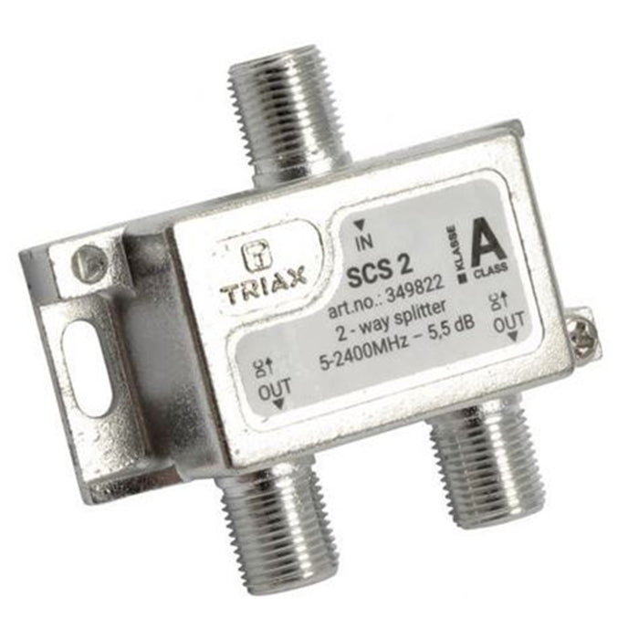 Triax 349822 RF 2-Way Splitter  2.4GHz. Coaxial Splitter Ideal for SAT-IF & MATV Distribution Networks. Frequency Range 5-2400 MHz. DC Pass Via Diodes from all Outputs. High Shielding Against Ing