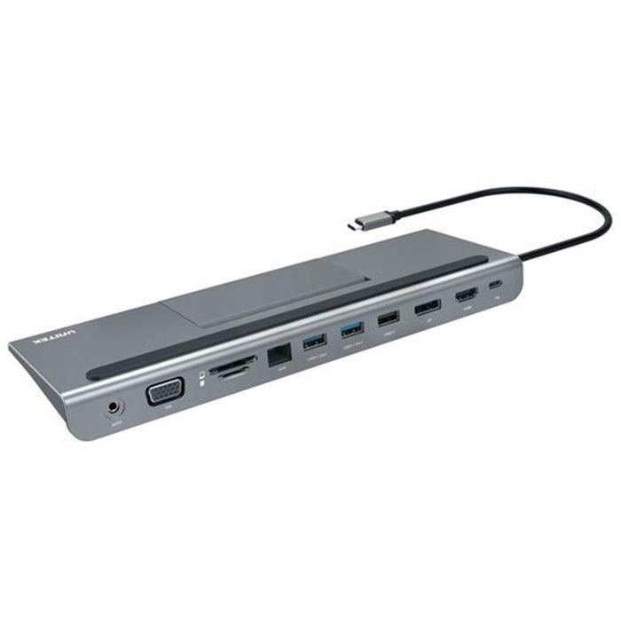 UNITEK 11-in-1 USB-C Ethernet Hub and Docking Station. MST - Triple Displays - HDMI + VGA + DisplayPort Power Delivery 85W, SD and MicroSD Card Reader. Laptop and Mobile Phone Stand . Colour: Grey