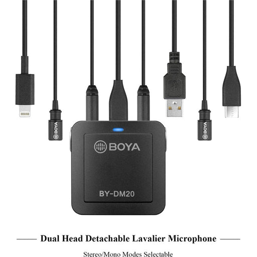 Boya BY-DM20 - Compact Dual-Channel Lavalier Microphone Recording Kit - Mono/Stereo Selectable Compatible with iOS Android (Type-C USB) Laptops