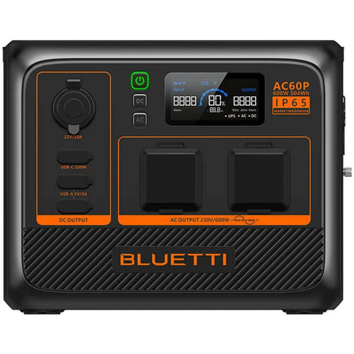 Bluetti AC60P 504 WH Portable Power Station IP67 AC Output 600w Surge (1200W) Expandable  Battery  1* USB-C 100W 2* USB A Port 1* 15W Wireless Charging 200W Solar Input