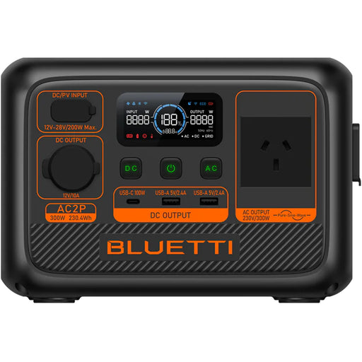 Bluetti AC2P Expandable Power Station Capacity 230 wh AC Output 300W Surge (600w) 1*USB-C 100W 2* USB A Port 1* 12v/10a Car outlet 200W Max Solar Input