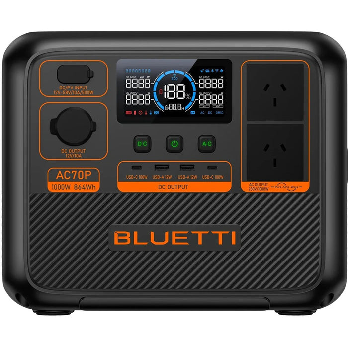 Bluetti AC70P Expandable Power Station Capacity 864 wh AC Output 1000W Surge (2000w) 1*USB-C 100W 2* USB A Port 1* 12v/10a Car outlet 1*15W Wireless Charging 200W Max Solar Input