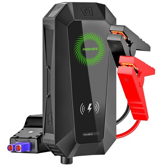 Promate HEXABOLT-20 19000mAh Jump Starter Power Bank 1500A / 12V Peak Current - Dual Port - LED Flashlight - Wireless Charger & Safety Hammer - Smart Clamps for Short Circuit Protection - LED Indicators