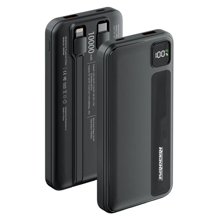 RockRose Powerlink 10 Neo 10000mAh Power Bank - Black Color -  QC 3.0 20W PD & 22.5W Quick Charge - Embedded with USB-C & Lightning 20W Quick Charge Cable