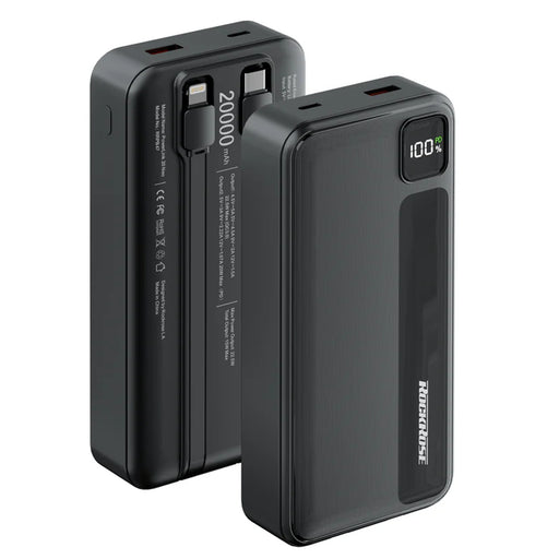 RockRose Powerlink 20 Neo 20000mAh Power Bank -  Black Color --  QC 3.0 20W PD & 22.5W Quick Charge - Embedded with USB-C & Lightning 20W Quick Charge Cable