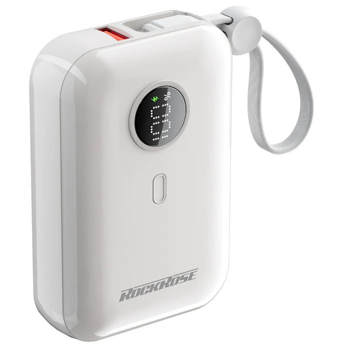 RockRose Lemonade 10 Neo 10000mAh Life Style Super Compact Power Bank - White Color -  With Built-in USB-C & Lightning 20W Quick Charge Cables