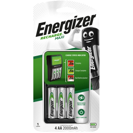 Energizer Recharge Maxi Battery Charger - 4x AA Included - Charges AA or AAA NiMH Rechargeable Batteries - Automatic switch off - Bad Battery Detector