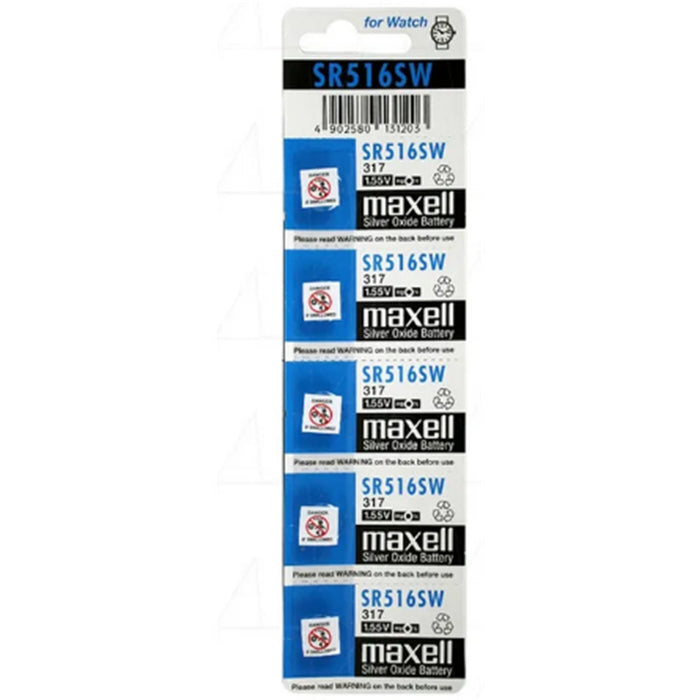 Maxell MX317 SILVER OXIDE SR516SW WATCH BATTERY BUTTON CELL 5 PACK