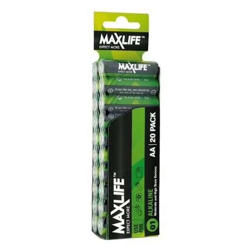 Maxlife BATAA-A AA Alkaline Battery 20 Pack Long Lasting Alkaline Formula. Designed For Everyday and High Drainage Devices. Long Shelf Life. No Mercury or Cadmium.