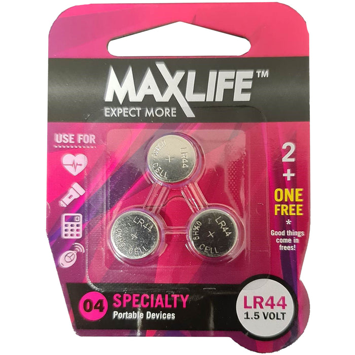 Maxlife BAT44-A2 LR44 Alkaline Coin Button Cell Battery. 2Pk. aka AG13 370A SR44 L1154 357 A76