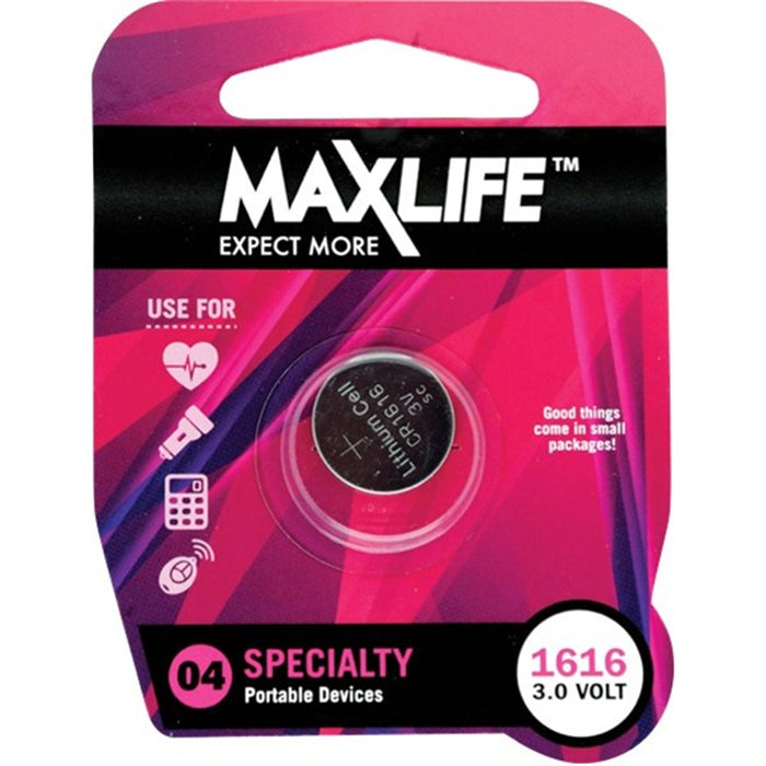 Maxlife BAT1616 CR1616 Lithium Coin Button Cell Battery. 1Pk. 3Volt Capacity: 45mAhSize: 16 x 1.5mm Replacement for: BR1616 DL1616 ECR1616