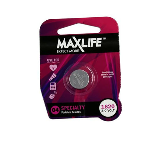 Maxlife BAT1620  CR1620 Lithium Coin 3v Button Cell  Battery. 1Pk 60mAh Size: 20 x 1.6mm 3Volt Replacement for: 280-208 BR1620 DL1620 ECR1620