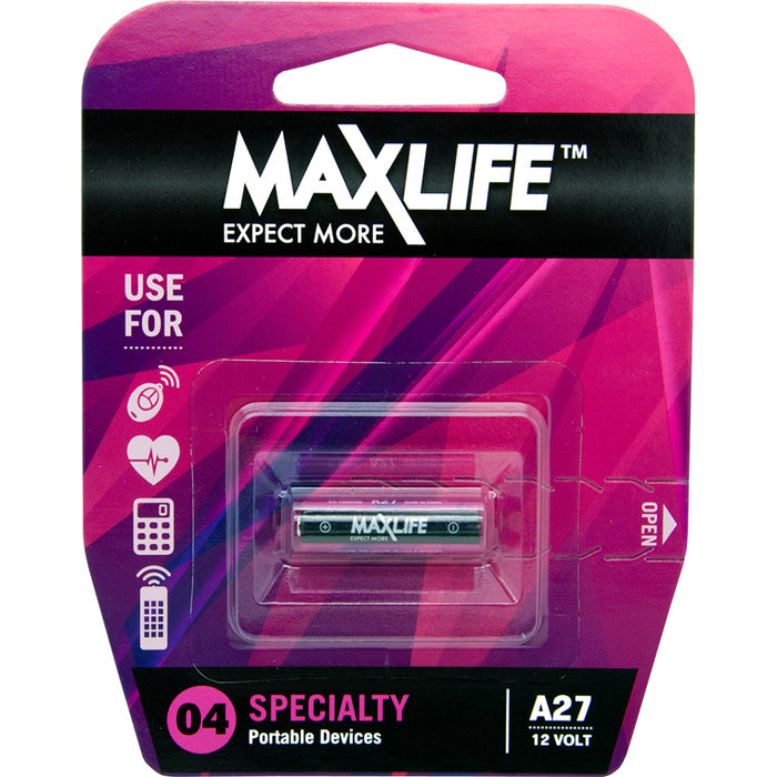 Maxlife BATA27 A27 Alkaline 12V Battery 1Pk. Ideal for: Keyless entry replaces 27A A27BP G27A GP27A L828 MN27