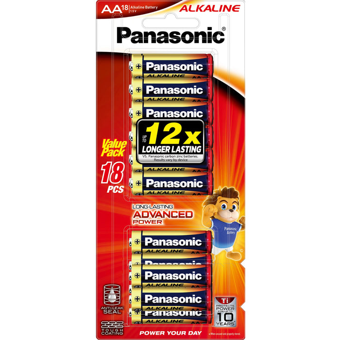 Panasonic LR6T/18B AA Batteries 1.5V Alkaline 18 Pack Alkaline-Zinc 20 Longer Lasting protects power for upto 10 years