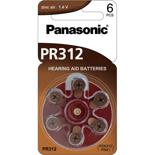 Panasonic PR312 genuine 6pc card Hearing Aid PR41 1.4v Zinc air button cell Battery 130MAH PZA312 PR41 312HPX 312AP 3.6 x 7.9 mm Weigt 0.5G Not rechargeable